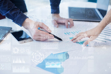 Internet, Business and technology concept. Icons, diagrams and graphs background on virtual screen.