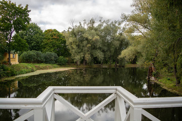 The white handrails of the pier at the lake in the green forest, minimalist landscape
