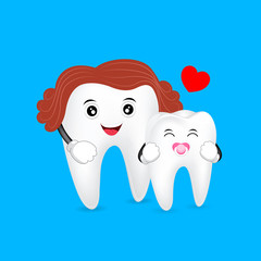 Cute cartoon mom and baby tooth. Happy Mother's Day, great for health dental care concept. illustration isolated on blue background
