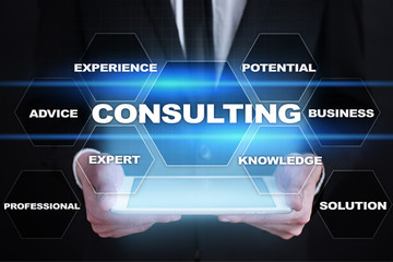 Consulting business concept. Text and icons on virtual screen.