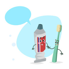 Cartoon toothpaste tube and toothbrush smiling mascots.Hygiene and dental care characters with dummy speech bubble. Vector illustration.