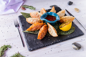 Beautiful served food on plate, meat with natural vegetables