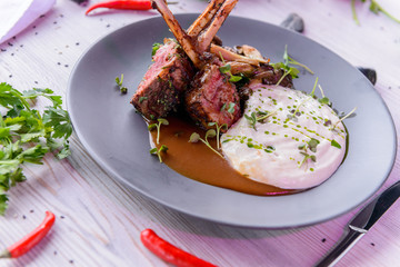 Beautiful served food on plate, meat with natural vegetables