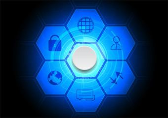 Futuristic background. Seven hexagons with six icons and a button in the middle