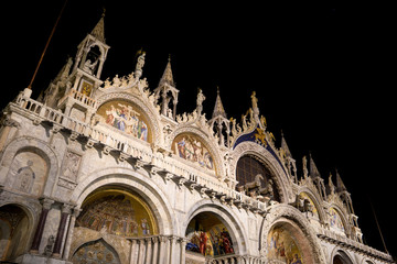 Basilica San Marco by night, facade. San Marco Cathedral in Venice, Italy