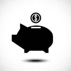 Pink piggy bank with falling coin icon. The concept of saving money or open a bank deposit. Vector illustration.