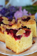 Pieces of yeast cake on white plate