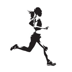 Running woman, abstract vector silhouette, side view