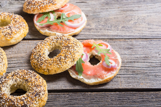 Homemade bagels with salmon