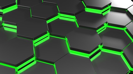 Hexagonal technological texture with green lights - 3D rendering