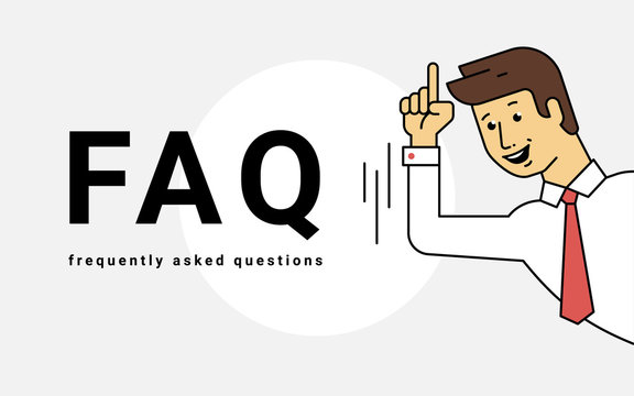 Frequently asked questions concept vector illustration of young smiling man gesturing hands to letters faq. Flat business expert giving great idea or solution on gray background
