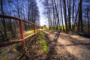 Gutter view to a dirt road in the German countryside in spring