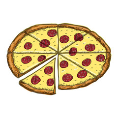 Vector vintage pizza drawing. Hand drawn color fast food illustration.