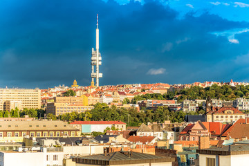 Fototapeta na wymiar Prague cityscape with the famous Zizkov Television Tower