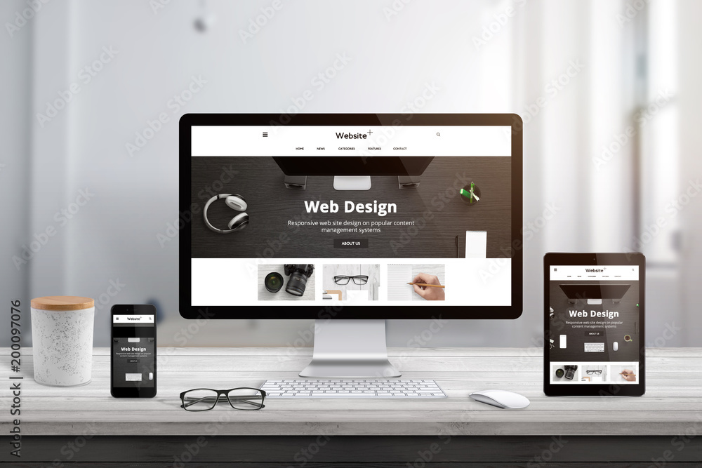 Poster Modern web site flat design theme presentation on responsive display devices.