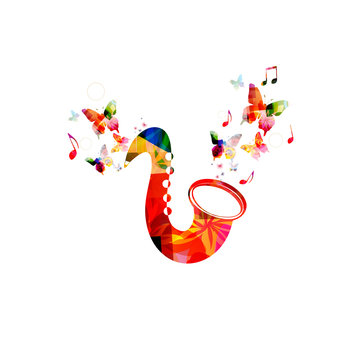 Music colorful background with saxophone. Music festival poster. Sax isolated vector illustration. Music instrument vector