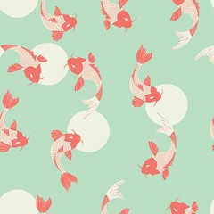 Koi fish seamless background on mint background, vector illustration