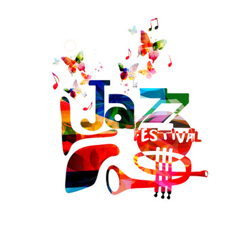 Jazz music festival colorful poster with trumpet. Music colorful background. Music instrument isolated vector illustration