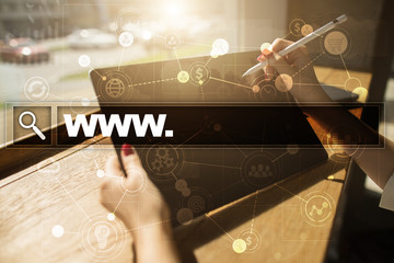 Search bar with www text. Web site, URL. Digital marketing. Business, internet and technology...
