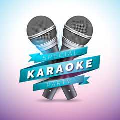 Vector Flyer illustration on a Karaoke Party theme with microphones and ribbon on violet background.