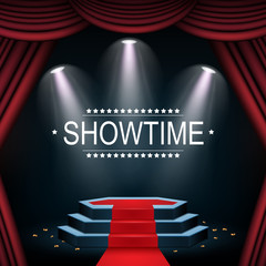Showtime banner with podium and curtain illuminated by spotlights