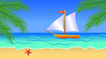 Fototapeta na wymiar Sea background with sea, palm trees, sand, sky, starfish and ship