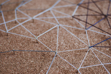 Linking entities. Network, networking, social media, connectivity, internet communication abstract. Web of threads on cork board.