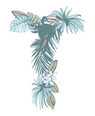 Summer pattern hand drawn letter T palm leaves, flowers, birds.