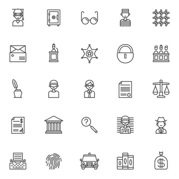 Justice outline icons set. linear style symbols collection, line signs pack. vector graphics. Set includes icons as judge, safebox, glasses , prisoner, prison bars, subpoena, witness, sheriff's badge