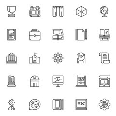 Education and knowledge outline icons set. linear style symbols collection, line signs pack. vector graphics. Set includes icons as trophy, glasses, book and pencil, curtain, 3D Cube with projection