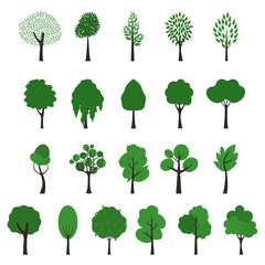Trees icons. Vector set of trees of different shapes on white background. Green foliage and brown trunks.