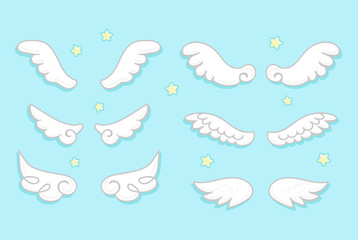 Cartoon angel wings set with stars. Cute hand drawn collection of wings isolated on white background. Cartoon wings icons. Vector illustration.