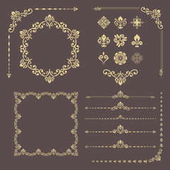 Vintage golden set of vector horizontal, square and round elements. Different elements for design, frames, cards, menus, backgrounds and monograms. Classic patterns. Set of vintage patterns