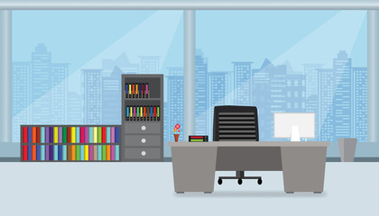 office interior with compute screen on the table  flat design and building in City blue background vector illustration