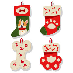 Dog Christmas stocking icons collection. Socks for puppy vector cartoon flat set isolated on a white background.