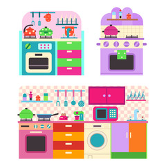 Fototapeta premium Toy kitchen set with utensil and household appliances for children. Vector cartoon flat illustration isolated on white background.