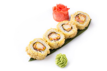 Delicious fresh hot fried Sushi Roll with bacon and cheese. Sushi menu. Japanese food. Sushi rolls isolated on white background.