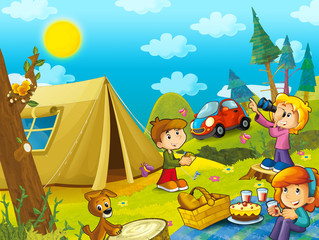 Picnic in the woods kids are having fun driving by car and flying in a plane - illustration for the children