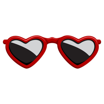 Fashion sunglasses in a red plastic frame heart shape. Vector cartoon icon isolated on a white background.