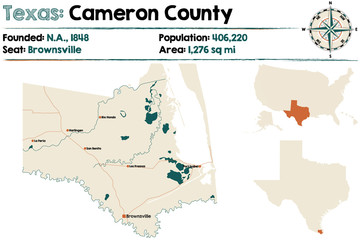 Detailed map of Cameron county in Texas, USA.