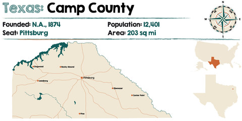 Detailed map of Camp county in Texas, USA.