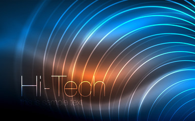 Circular glowing neon shapes, techno background. Abstract shiny transparent circles on dark technology space