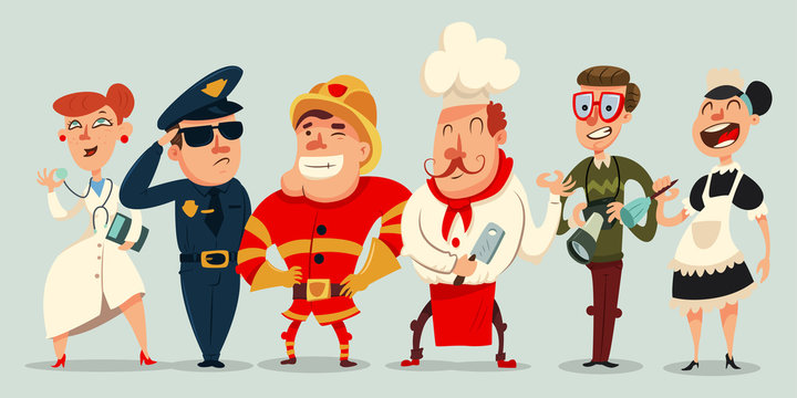 Different professions vector cartoon set. Doctor, policeman, cook, fireman, maid and professional photographer or paparazzi. Illustration of people character isolated on background.