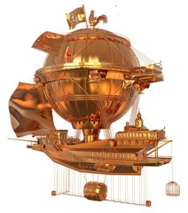 Fototapeta na wymiar Golden Fantasy Airship Zeppelin Dirigible Balloon 3D illustration isolated on white