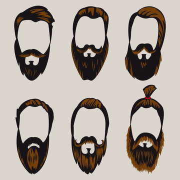 Man hair style icons. Beards and mustaches hipster haircuts. Vector cartoon illustration for barbershop isolated on white background.