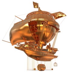 Naklejka premium Golden Fantasy Airship Zeppelin Dirigible Balloon 3D illustration isolated on white