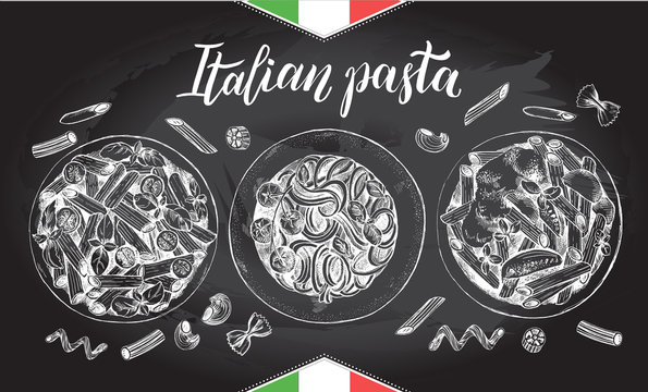 Spaghetti and penne pasta with cherry tomatoes and basil. Dish of Italian cuisine. Ink hand drawn set with brush calligraphy lettering. Vector illustration. Top view. Food elements. Chalkboard style.