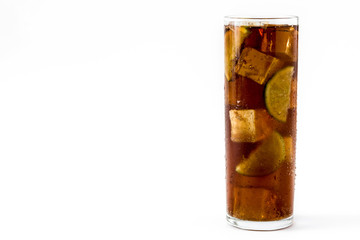 Cuba libre. Cocktail with rum, lime and ice isolated on white background. Copyspace