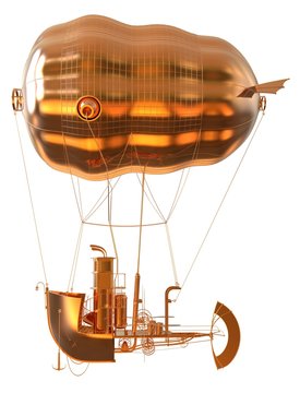 Golden Fantasy Airship Zeppelin Dirigible Balloon 3D illustration isolated on white
