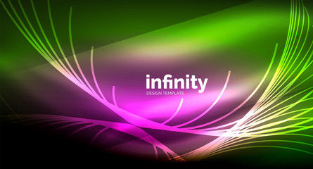 Abstract wave on dark background, shiny glowing neon digital background template